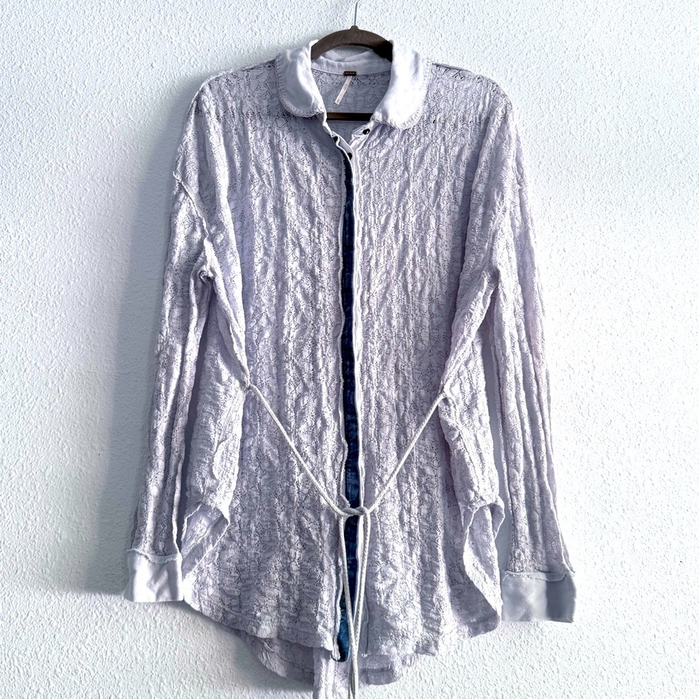 Free People Button Down Tied at Waist Lace Like Fabric Size M